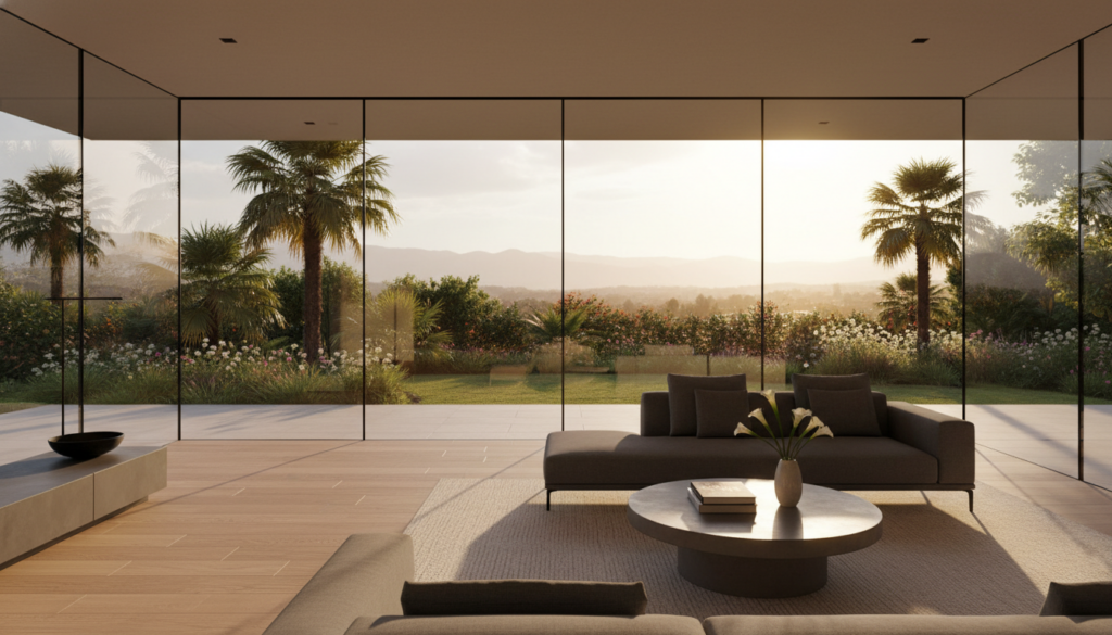 Bodentiefe Fenster und große Glasfronten in einem modernen Wohnraum