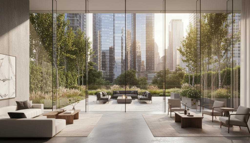 große Glasfronten in modernen Gebäuden