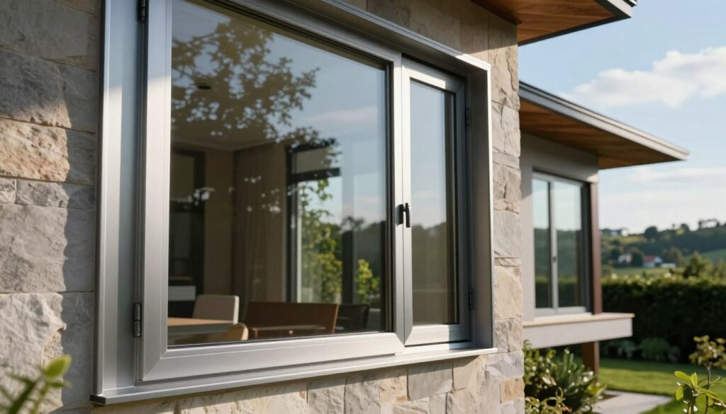 A modern aluminum window prominently displayed in the foreground, showcasing sleek lines and a minimalist design, with sunlight reflecting off its surface for a refined touch. The middle ground features a contemporary home with a blend of natural materials, like wood and stone, accentuating the elegance of the aluminum windows. In the background, a lush green landscape and blue sky create a serene atmosphere, emphasizing the connection between modern architecture and nature. Use soft, natural lighting to highlight the texture of the window and surrounding elements. Aim for a perspective that draws the viewer's eye towards the window's details, set at a 45-degree angle to convey depth and sophistication, capturing the essence of modern living. A modern aluminum window prominently displayed in the foreground, showcasing sleek lines and a minimalist design, with sunlight reflecting off its surface for a refined touch. The middle ground features a contemporary home with a blend of natural materials, like wood and stone, accentuating the elegance of the aluminum windows. In the background, a lush green landscape and blue sky create a serene atmosphere, emphasizing the connection between modern architecture and nature. Use soft, natural lighting to highlight the texture of the window and surrounding elements. Aim for a perspective that draws the viewer's eye towards the window's details, set at a 45-degree angle to convey depth and sophistication, capturing the essence of modern living.