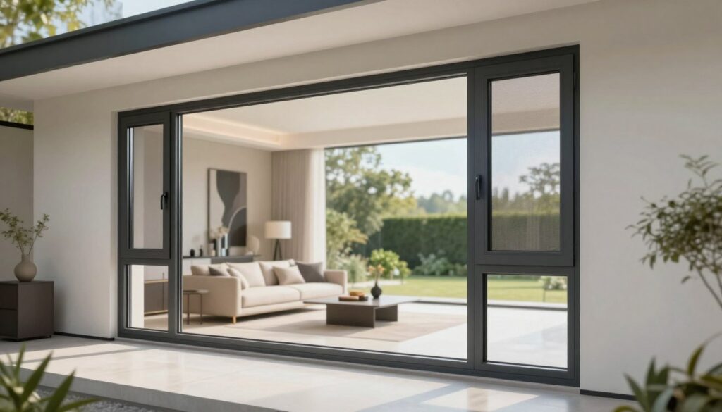 A modern, custom-designed aluminum window, showcasing sleek lines and a minimalist aesthetic, is prominently featured in the foreground. The window frame is finished in a contemporary dark gray, with large panes of glass reflecting soft natural light. In the middle ground, a stylish, well-furnished living space can be seen, with elegant décor that highlights the modernity and durability of aluminum windows. The background reveals a serene outdoor scene, filled with lush greenery, under a bright blue sky, creating an inviting atmosphere. Soft, diffused lighting enhances the clean lines of the window and its surroundings, captured from a slightly elevated angle to showcase both the window and the stylish interior, evoking a sense of premium quality and sophistication. A modern, custom-designed aluminum window, showcasing sleek lines and a minimalist aesthetic, is prominently featured in the foreground. The window frame is finished in a contemporary dark gray, with large panes of glass reflecting soft natural light. In the middle ground, a stylish, well-furnished living space can be seen, with elegant décor that highlights the modernity and durability of aluminum windows. The background reveals a serene outdoor scene, filled with lush greenery, under a bright blue sky, creating an inviting atmosphere. Soft, diffused lighting enhances the clean lines of the window and its surroundings, captured from a slightly elevated angle to showcase both the window and the stylish interior, evoking a sense of premium quality and sophistication.