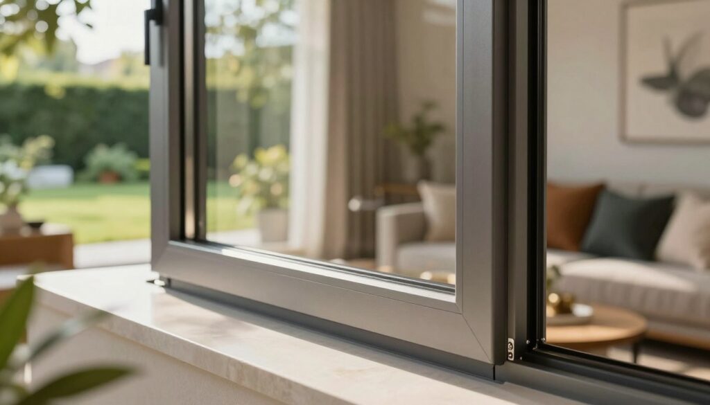 A modern, elegant aluminum window prominently displayed in the foreground, showcasing sleek lines and a high-quality finish with a polished surface reflecting natural sunlight. The middle ground features a cozy, contemporary room with tasteful decor and stylish furniture, enhancing the window's aesthetic appeal. In the background, a lush green garden is visible through the window, with soft, diffused daylight streaming in, creating a warm and inviting atmosphere. Use a slightly elevated angle to emphasize the window's design and structure, with a shallow depth of field to focus on the aluminum window while the outside view remains softly blurred. The overall mood conveys sophistication and durability, perfect for a home setting. A modern, elegant aluminum window prominently displayed in the foreground, showcasing sleek lines and a high-quality finish with a polished surface reflecting natural sunlight. The middle ground features a cozy, contemporary room with tasteful decor and stylish furniture, enhancing the window's aesthetic appeal. In the background, a lush green garden is visible through the window, with soft, diffused daylight streaming in, creating a warm and inviting atmosphere. Use a slightly elevated angle to emphasize the window's design and structure, with a shallow depth of field to focus on the aluminum window while the outside view remains softly blurred. The overall mood conveys sophistication and durability, perfect for a home setting.