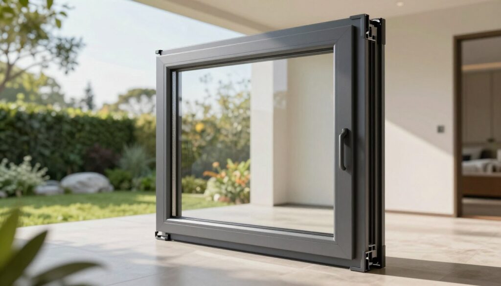 A modern, high-quality aluminum window showcasing its sleek design and technical features. In the foreground, emphasize the smooth finish and elegant lines of the aluminum frame, reflecting natural light. The middle ground features the window open, allowing soft sunlight to filter through, highlighting the glass and insulation details. In the background, depict a contemporary home setting with a vibrant garden, creating a harmonious balance between indoor and outdoor living. Use a wide-angle lens for a dynamic perspective and ensure natural daylight enhances the scene. The atmosphere should convey sophistication and durability, illustrating the benefits of aluminum windows in a modern residential space, with a clean, professional aesthetic. A modern, high-quality aluminum window showcasing its sleek design and technical features. In the foreground, emphasize the smooth finish and elegant lines of the aluminum frame, reflecting natural light. The middle ground features the window open, allowing soft sunlight to filter through, highlighting the glass and insulation details. In the background, depict a contemporary home setting with a vibrant garden, creating a harmonious balance between indoor and outdoor living. Use a wide-angle lens for a dynamic perspective and ensure natural daylight enhances the scene. The atmosphere should convey sophistication and durability, illustrating the benefits of aluminum windows in a modern residential space, with a clean, professional aesthetic.