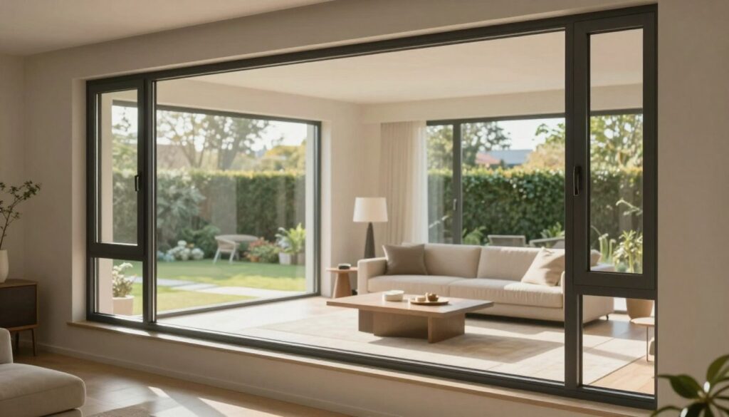 A modern interior showcasing sleek aluminium windows in a stylish home setting. In the foreground, highlight the elegant, slim profile of the windows, emphasizing their durability and aesthetic appeal. The middle ground features a cozy living space bathed in natural light, created by the expansive glass panes, revealing a lush garden outside. In the background, create a serene atmosphere with soft, diffused sunlight filtering through the windows, enhancing the peaceful ambiance. Use a warm color palette to evoke comfort and luxury, with minimalistic furniture to complement the windows’ modern design. Capture the scene from a slightly elevated angle, focusing on both the interior comfort and the exterior view, conveying a sense of security and value in the home. A modern interior showcasing sleek aluminium windows in a stylish home setting. In the foreground, highlight the elegant, slim profile of the windows, emphasizing their durability and aesthetic appeal. The middle ground features a cozy living space bathed in natural light, created by the expansive glass panes, revealing a lush garden outside. In the background, create a serene atmosphere with soft, diffused sunlight filtering through the windows, enhancing the peaceful ambiance. Use a warm color palette to evoke comfort and luxury, with minimalistic furniture to complement the windows’ modern design. Capture the scene from a slightly elevated angle, focusing on both the interior comfort and the exterior view, conveying a sense of security and value in the home.