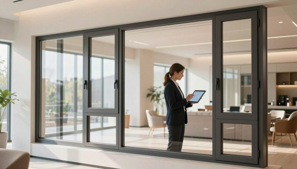 A modern showroom displaying sleek aluminium windows, prominently featured in the foreground. The windows are elegantly framed and have a polished finish, showcasing their durability and modern design. In the middle ground, a professional in business attire is interacting with a digital tablet, browsing options for purchasing the windows online. The background includes a bright and airy space with soft ambient lighting, highlighting the contemporary architecture of the showroom. Large windows allow natural sunlight to pour in, creating a welcoming atmosphere. The mood is sophisticated and inviting, emphasizing innovation and convenience in home improvement. A modern showroom displaying sleek aluminium windows, prominently featured in the foreground. The windows are elegantly framed and have a polished finish, showcasing their durability and modern design. In the middle ground, a professional in business attire is interacting with a digital tablet, browsing options for purchasing the windows online. The background includes a bright and airy space with soft ambient lighting, highlighting the contemporary architecture of the showroom. Large windows allow natural sunlight to pour in, creating a welcoming atmosphere. The mood is sophisticated and inviting, emphasizing innovation and convenience in home improvement.
