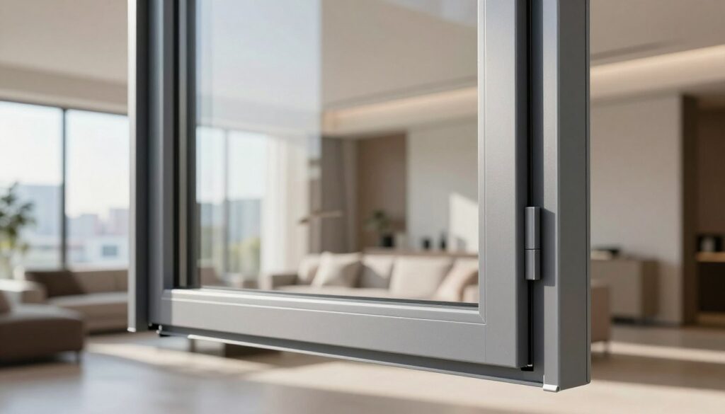 A sleek, modern aluminum window prominently featured in the foreground, showcasing its clean lines, sharp angles, and polished finish. The window is partially open, allowing a glimpse of a bright, sunny day outside with soft, diffused natural light illuminating the frame. In the middle ground, a contemporary living space can be seen, decorated in neutral tones with minimalistic furniture, emphasizing the elegant design of the window. The background reveals a blurred view of a cityscape, hinting at an urban environment. Use a wide-angle lens to capture the spaciousness of the interior while maintaining focus on the window’s intricate details. The overall mood is modern, elegant, and inviting, symbolizing durability and style for contemporary homes.