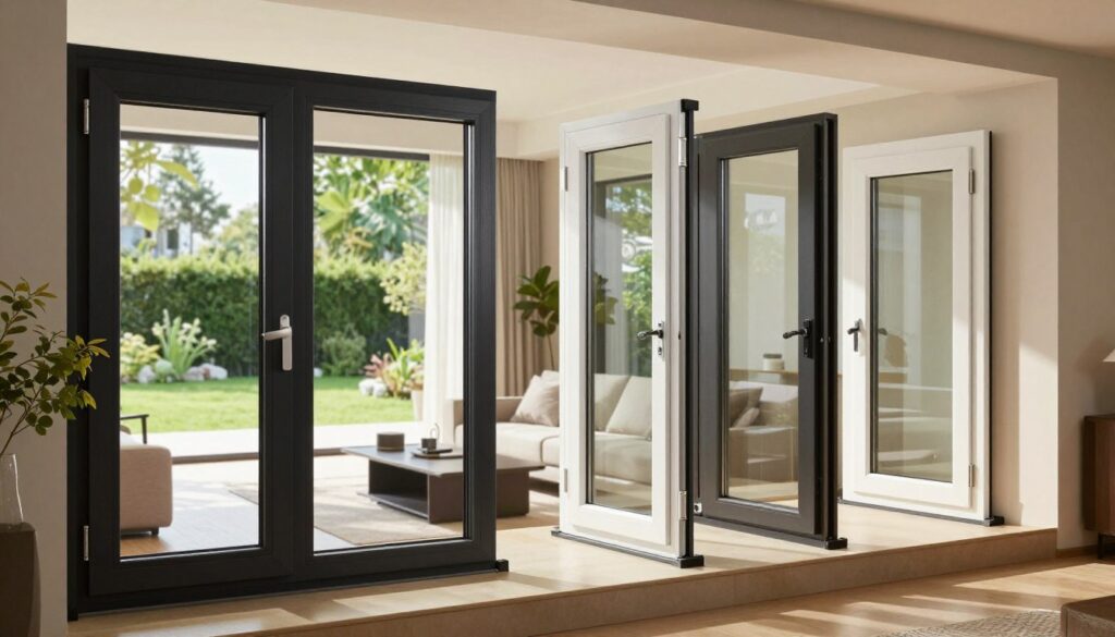 Contemporary aluminium windows displayed in a beautifully designed modern home interior. In the foreground, showcase a variety of aluminium windows with sleek profiles, featuring different color finishes such as matte black, brushed silver, and an elegant white, emphasizing durability and modern aesthetics. In the middle, provide a glimpse of a stylish living room with minimalistic furniture, letting natural light stream through the windows, creating a bright and airy atmosphere. In the background, depict a lush green garden visible through the windows, enhancing the connection between indoor and outdoor spaces. The lighting is soft and warm, creating an inviting mood, and the image is captured from a slightly elevated angle to highlight the design features and decorative elements surrounding the windows. Contemporary aluminium windows displayed in a beautifully designed modern home interior. In the foreground, showcase a variety of aluminium windows with sleek profiles, featuring different color finishes such as matte black, brushed silver, and an elegant white, emphasizing durability and modern aesthetics. In the middle, provide a glimpse of a stylish living room with minimalistic furniture, letting natural light stream through the windows, creating a bright and airy atmosphere. In the background, depict a lush green garden visible through the windows, enhancing the connection between indoor and outdoor spaces. The lighting is soft and warm, creating an inviting mood, and the image is captured from a slightly elevated angle to highlight the design features and decorative elements surrounding the windows.